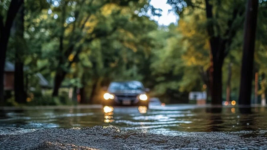 Carro atravessando a rua, coberta de água, em meio ao um lugar cercado por árvores e casas. 